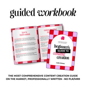 A workbook titled "guided workbook" with a pink and red checkered design. The workbook includes a "Beginner's Guide to Content Creation" and content creation tips. The text reads "The most comprehensive content creation guide on the market."