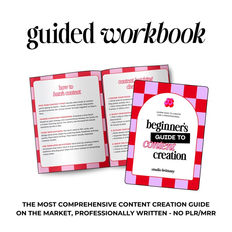 A workbook titled "guided workbook" with a pink and red checkered design. The workbook includes a "Beginner's Guide to Content Creation" and content creation tips. The text reads "The most comprehensive content creation guide on the market."