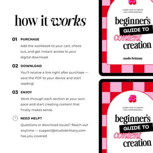 Beginners guide to content creation PDF ebook digital download how it works steps purchase download and enjoy shown on tablet for new social media creators