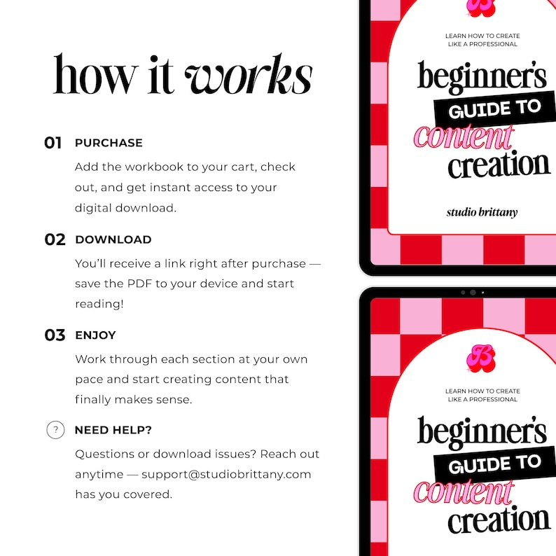 Beginners guide to content creation PDF ebook digital download how it works steps purchase download and enjoy shown on tablet for new social media creators