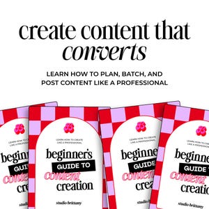 A stack of four books with the title "Beginner's Guide to Content Creation." The covers are red and pink checkered with the text "create content that converts." The books are designed to help plan, batch, and post content.