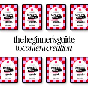 May include: Multiple digital guides titled "Beginner's Guide to Content Creation" are displayed. Each guide has a red and pink checkered background with a white arch and the text "Learn how to create like a professional."