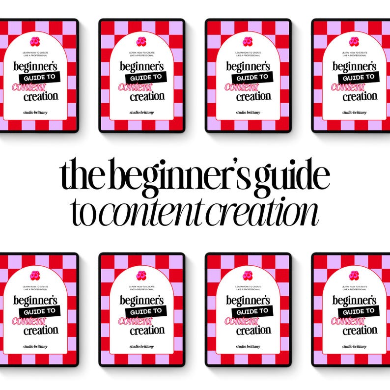 Multiple digital guides titled "Beginner's Guide to Content Creation" are displayed. Each guide has a red and pink checkered background with a white arch and the text "Learn how to create like a professional."
