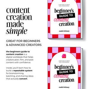 Image of two books titled "Beginner's Guide to Content Creation" with a pink and red checkered border. The text "content creation made simple" is displayed above the books. The books are designed for beginners and advanced creators.