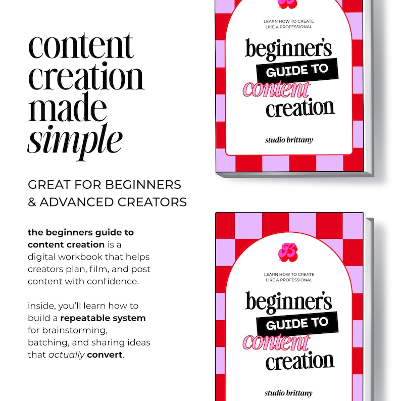 Image of two books titled "Beginner's Guide to Content Creation" with a pink and red checkered border. The text "content creation made simple" is displayed above the books. The books are designed for beginners and advanced creators.