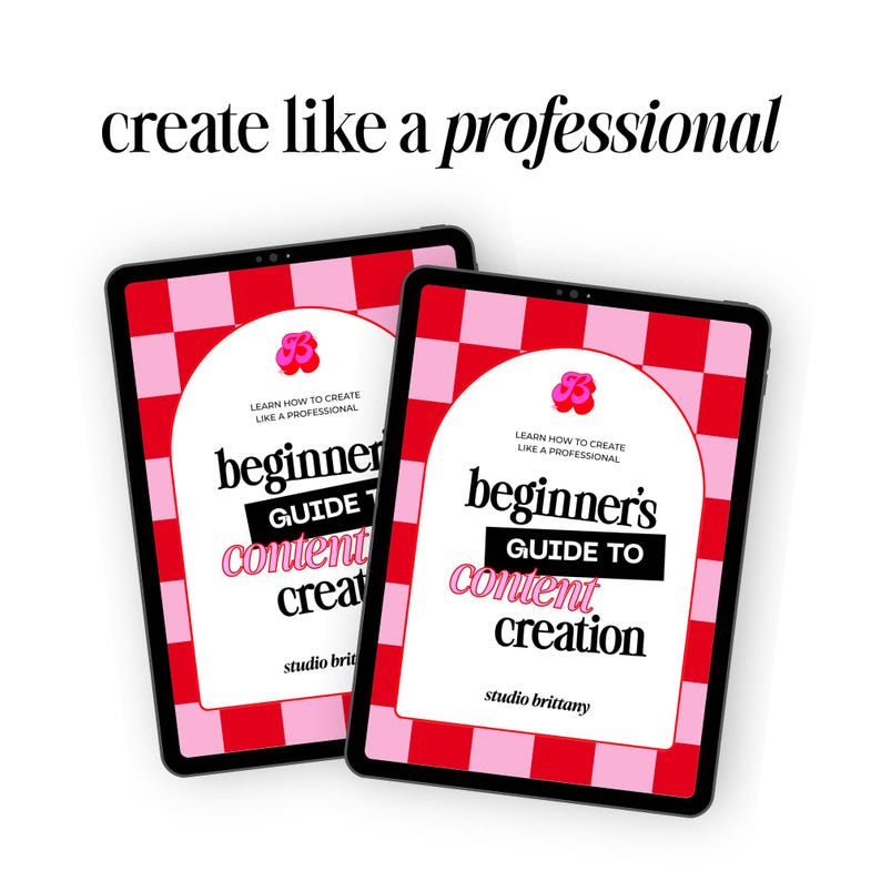 Beginners guide to content creation PDF ebook displayed on two tablets with pink checkered design for new influencers bloggers and small business owners learning social media strategy
