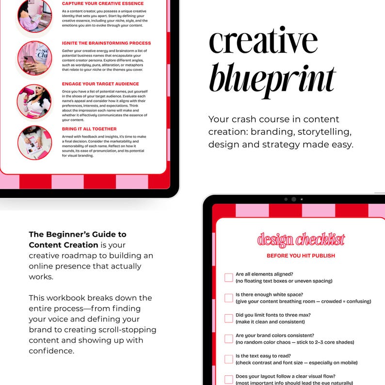Beginner content creator guide PDF ebook showing social media branding strategy chapter with design checklist content creation tips for new influencers and small business owners