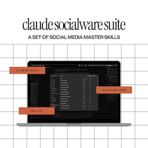 Könnte beinhalten: Eine digitale Produktanzeige mit dem Titel Claude Socialware Suite: A Set of Social Media Master Skills. Ein Laptop-Bildschirm zeigt eine dunkel gestaltete Benutzeroberfläche mit Listen. Drei orangefarbene rechteckige Etiketten weisen auf bestimmte Bereiche hin: 12 Master Skills, Skill Key und Quick Start Guide, alles vor einem weißen Rasterhintergrund.