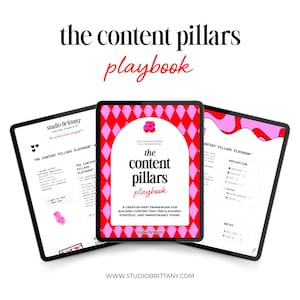 May include: Three digital tablets displaying the text "the content pillars playbook." The center tablet features a red and pink diamond pattern with the title in black and red. The other tablets show content pages.