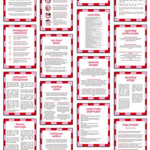 A collection of pink and red cards with white text, outlining content creation strategies. The cards are arranged in a grid, with titles like "Developing Your Content Funnel" and "Content Ideas". The overall theme is a guide for content creators.