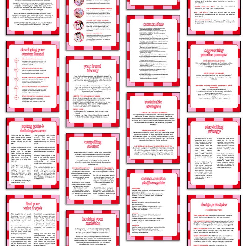 A collection of pink and red cards with white text, outlining content creation strategies. The cards are arranged in a grid, with titles like "Developing Your Content Funnel" and "Content Ideas". The overall theme is a guide for content creators.