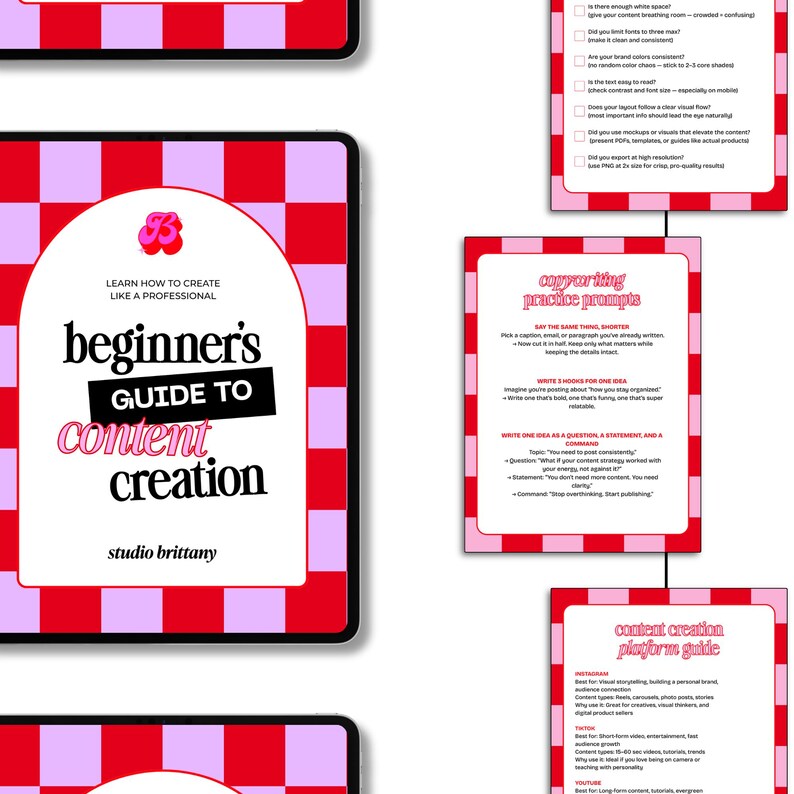A beginner's guide to content creation, with the text "Learn How to Create Like a Professional." The cover is white with pink and red accents. The guide includes copywriting practice prompts and a content creation platform guide.