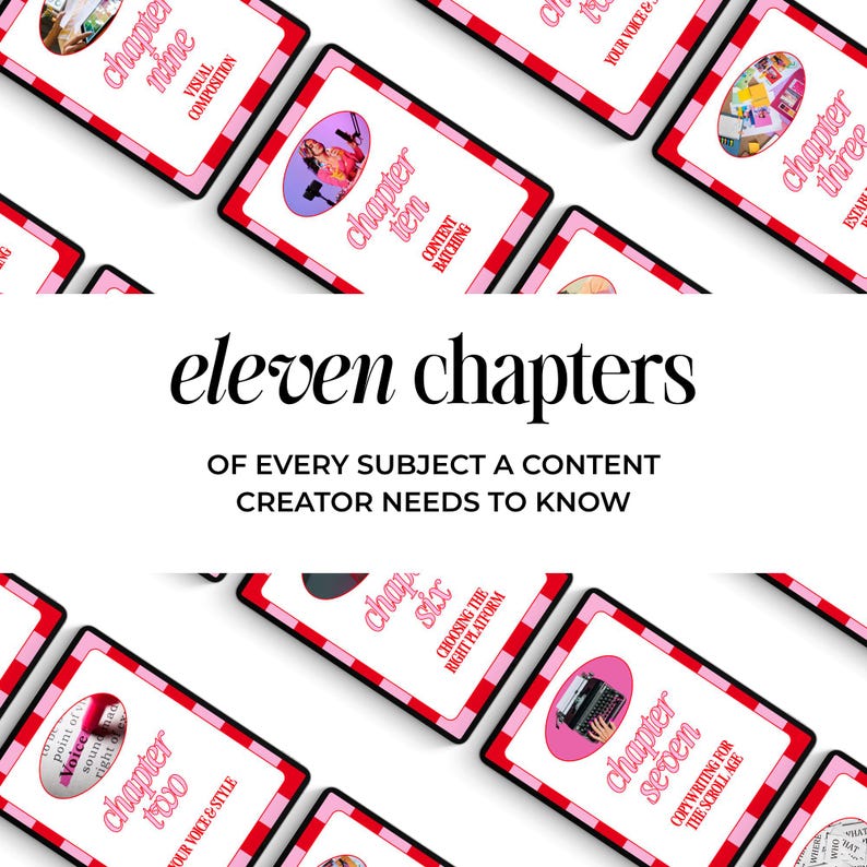 Beginner content creator guide PDF ebook showing eleven chapters of every subject a new creator needs to know displayed on multiple phones