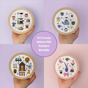May include: Four cross-stitch patterns in wooden hoops, each with a different theme: coffee, tea, gardening, and floral arrangements. The image includes the text "3+1 Cross Stitch PDF Pattern Bundle."