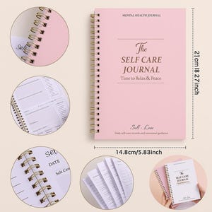 May include: A pink spiral-bound journal, 8.27 inches tall and 5.83 inches wide, with gold-colored coils. The cover reads "The SELF CARE JOURNAL" and "Time to Relax & Peace". Includes self-care records and emotional guidance.