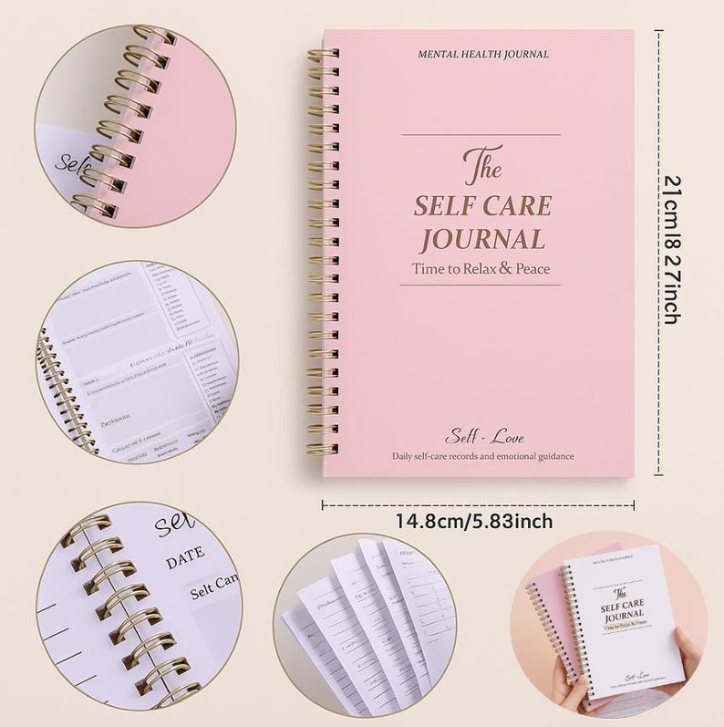 May include: A pink spiral-bound journal, 8.27 inches tall and 5.83 inches wide, with gold-colored coils. The cover reads "The SELF CARE JOURNAL" and "Time to Relax & Peace". Includes self-care records and emotional guidance.