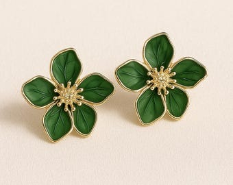 Enamel Hibiscus Flower Stud Earrings – Classic Retro Gift for Her in Red, Green, or White