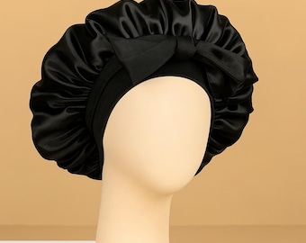 Gorro de dormir ajustable para mujer y hombre, 100 % satén de seda, color negro