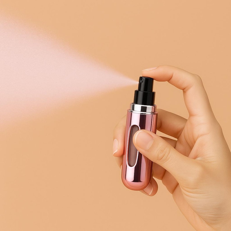 May include: A pink and silver perfume atomizer is being sprayed. The small, cylindrical bottle has a black spray nozzle and a clear window. The atomizer is held in a hand against a peach-colored background. A fine mist is spraying from the nozzle.