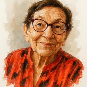 May include: A watercolour painting of an older woman with short brown hair. She is wearing glasses and a red shirt with a black pattern. She has a kind smile on her face.