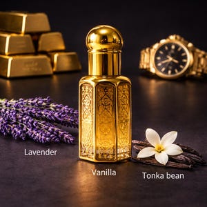 May include: A gold perfume bottle, labelled "Vanilla", with intricate patterns is displayed on a dark surface. Lavender, a white flower, and tonka beans are arranged nearby. A gold watch and gold bars are in the background.