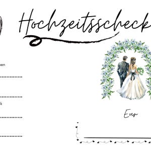 Digital nedladdning av bröllopscheck, bröllopspengar i PDF-format, utskrivbar check DIN A6, present till brudparet, bröllopspresent i sista minuten