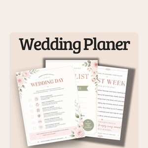 Könnte beinhalten: Ein Hochzeitsplaner-Set mit mehreren gedruckten Checklisten mit floralen Akzenten in Rosa- und Grüntönen. Die Seiten enthalten Texte wie Wedding Day, Last Week und Enjoy the Journey, die mit Kontrollkästchen und Überschriften für Planungsaufgaben versehen sind.