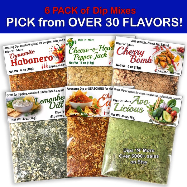 6 dip mixes, YOU Pick, Great for graduation, office, work parties, cook outs, Memorial Day, 4th of July, Labor Day, Pot Lucks, appetizers