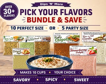 Gourmet Dip Mix Bundle, You Pick Flavors, 10 Perfect Size or 5 Party Size, Savory Spicy Sweet Seasoning Mixes