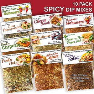 May include: A 10-pack of spicy dip mixes in individual pouches. The pouches are labeled with different flavors, including "Cheese-o-Head Habanero", "Cherry Bomb", "Dynamite Habanero", "Firehouse", "Kick'n Chipotle", "Cran Pomegranite", "Pork'n Hot", "Sha-Cha Cajun", "Cheese-e-Head Pepper Jack", and "Dancing Salsa". The text "Dips 'N' More" and "Over 5000+ sales on Etsy" is also visible on the pouches.