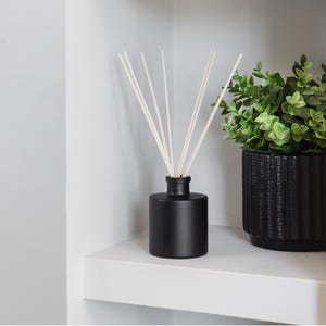 May include: A black essential oil diffuser with white reeds and a small potted plant with green leaves. The diffuser and plant are on a white shelf, creating a minimalist aesthetic. The black diffuser contrasts with the white shelf.