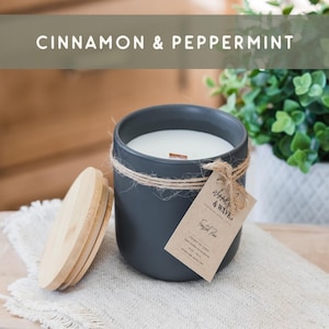 Cinnamon and Peppermint Candle Coconut Soy Candle Spa Holiday Candle Clean Scented Candle Wooden Wick Gift for Her Fresh Winter Candle Mint