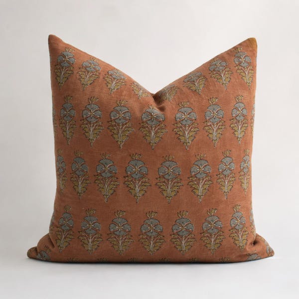 Floral Block Print Throw Pillow – Floral Pillow Cover, Rust Botanical Lumbar Pillow, Indian Block Print, 20x20, 22x22