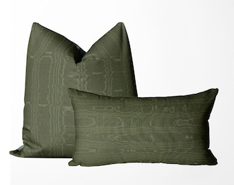 Olive Green Linen Moire Pillow Cover - Schumacher Beau Fabric