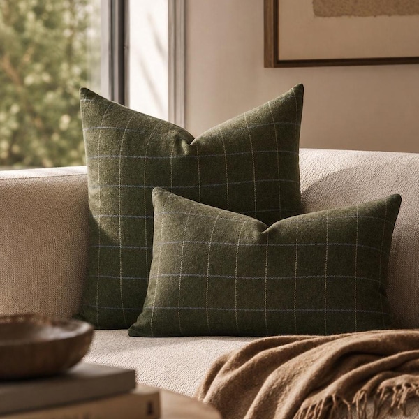 Green Plaid Pillow Cover / Moss Green Checkered Print / Soft Woven Throw Pillow Case / Rustic Lodge Decor