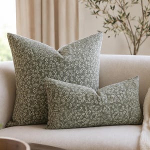 Sage Green Hand Block Print Pillow Cover / Linen Throw Pillow / Botanical Floral Cushion / Single Sided / Artisan Decor