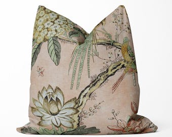 Pink Linen Chinoiserie Pillow – Thibaut Villeneuve by Anna French, Birds and Florals