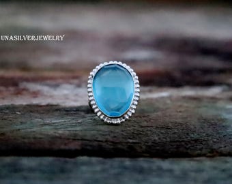 Chalcedon-Edelsteinring, 2-Schnitt-Bandring, 925 Sterlingsilberring, Versprechensring, blauer Chalcedonring, Brautring, Jubiläumsring Geschenk