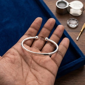Minimalist Sterling Silver Open Cuff Bracelet, 925 Silver Bangle, Adjustable Ball End Bracelet, Handmade Unisex Jewelry Gift