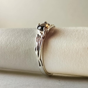 Natural Smoky Quartz Round Gemstone Leaf Band Ring, 925 Silver Ring, Promise Ring, 925 Smoky Quartz Ring, Bridal Ring, Anniversary Ring Gift