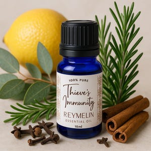 May include: A blue glass bottle of Reymelin essential oil with the text "Thieve's Immunity" and a 10 ml volume. The image includes a yellow lemon, rosemary sprigs, cinnamon sticks, and cloves.