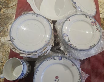 Juego de vajilla de porcelana fina Oneida con diseño de celosía azul.