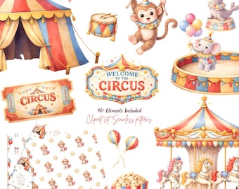 Watercolor Circus Animals Clipart Set, Baby Shower Design Kit (Digital Download)