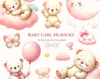 Pink Teddy Bear Clipart Bundle, Pastel Baby Girl Nursery PNGs (Instant Download)