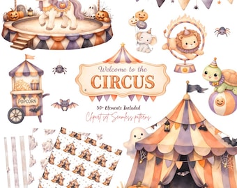 Halloween Circus Clipart, Whimsical Animals, Pastel Patterns (Digital Download)