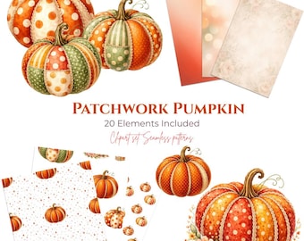 Patchwork Pumpkin Clipart, Watercolor Autumn Fall PNG, Seamless Patterns (Digital Download)