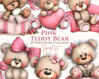 29 PNGs - Watercolor Pink Valentine Teddy Bear Clipart Set
