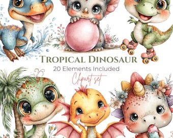 Tropical Baby Dinosaur Clipart, Summer Watercolor PNG Set (Digital Download)