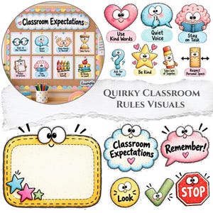 Puede incluir: Una colección de elementos visuales de reglas de aula con personajes de dibujos animados y texto. Incluye una pantalla circular de expectativas de clase, iconos individuales para la amabilidad, voz baja y enfoque, además de un letrero amarillo y burbujas.