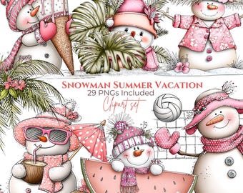 Snowman Summer Vacation Clipart Set, Beach Funny  Melting Snowman PNG, Tropical, Sublimation